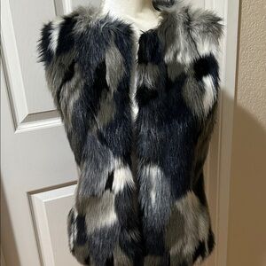 INC International Concepts Black and Gray with navy Faux Fur Vest